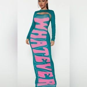 HUNTER GREEN GRAPHIC MAXI WITH MATCHING SHRUG